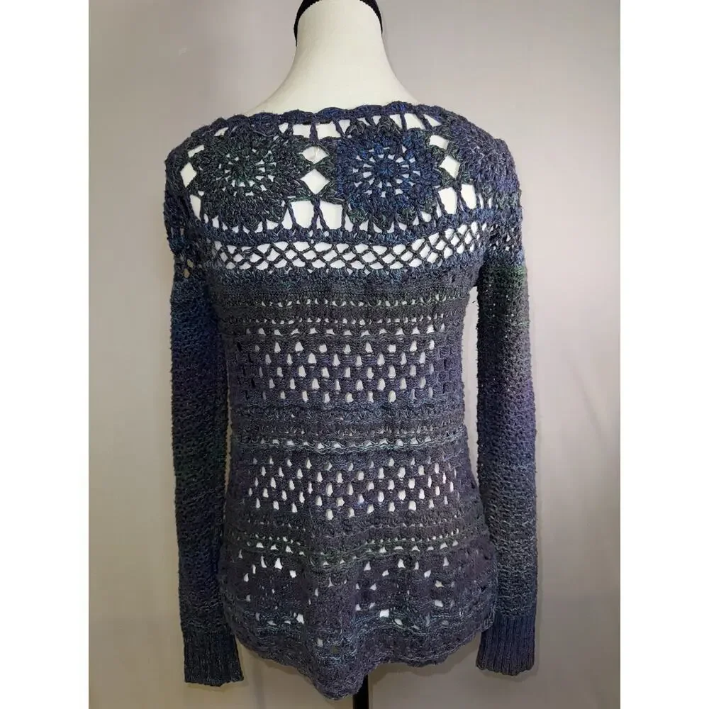 Free People Women’s XS Open Knit Crochet Sweater‎ Boho Festival Purple Blue